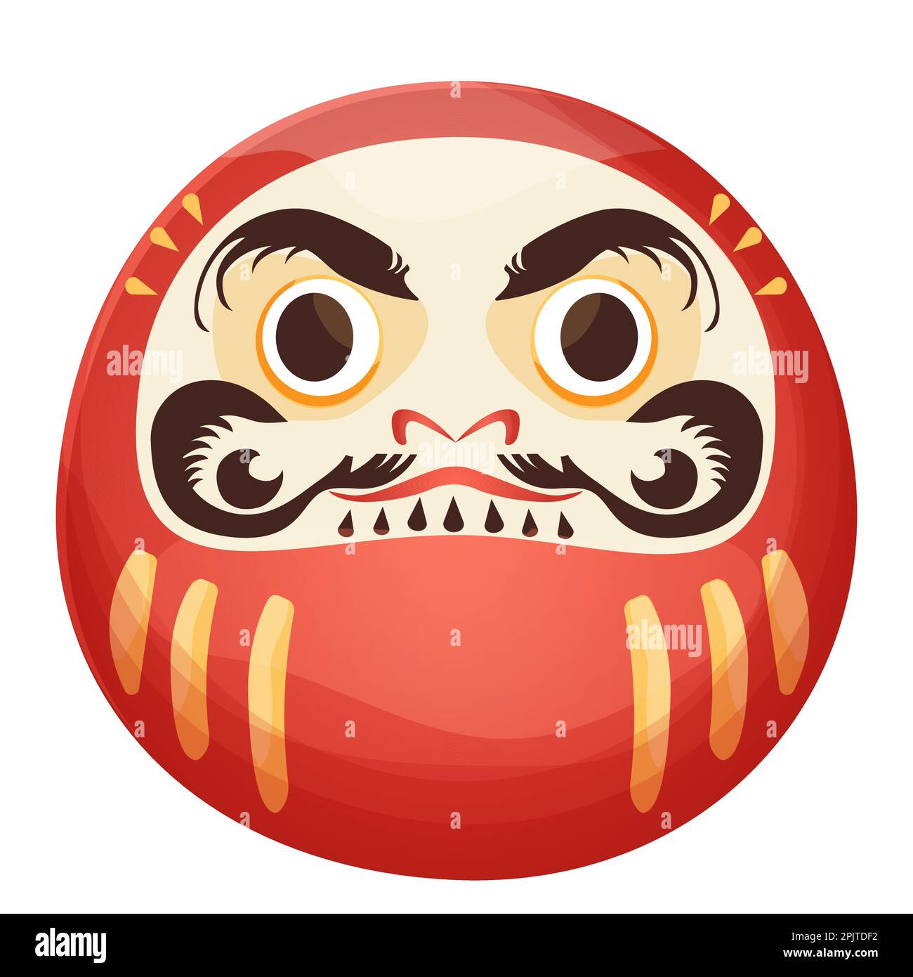 Daruma-roter traditioneller japanischer Puppentalisman mit wütendem Gesicht, Geldelemente im Cartoon-Stil isoliert auf weißem Hintergrund. Vektordarstellung Stock Vektor