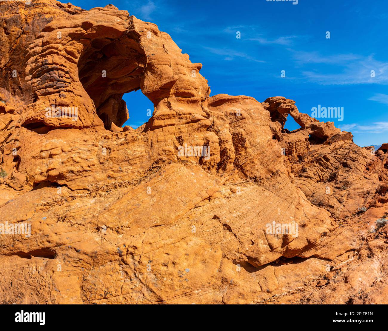 Triple Arch mit Blick auf die Mojave-Wüste, Valley of Fire State Park, Nevada, USA Stockfoto