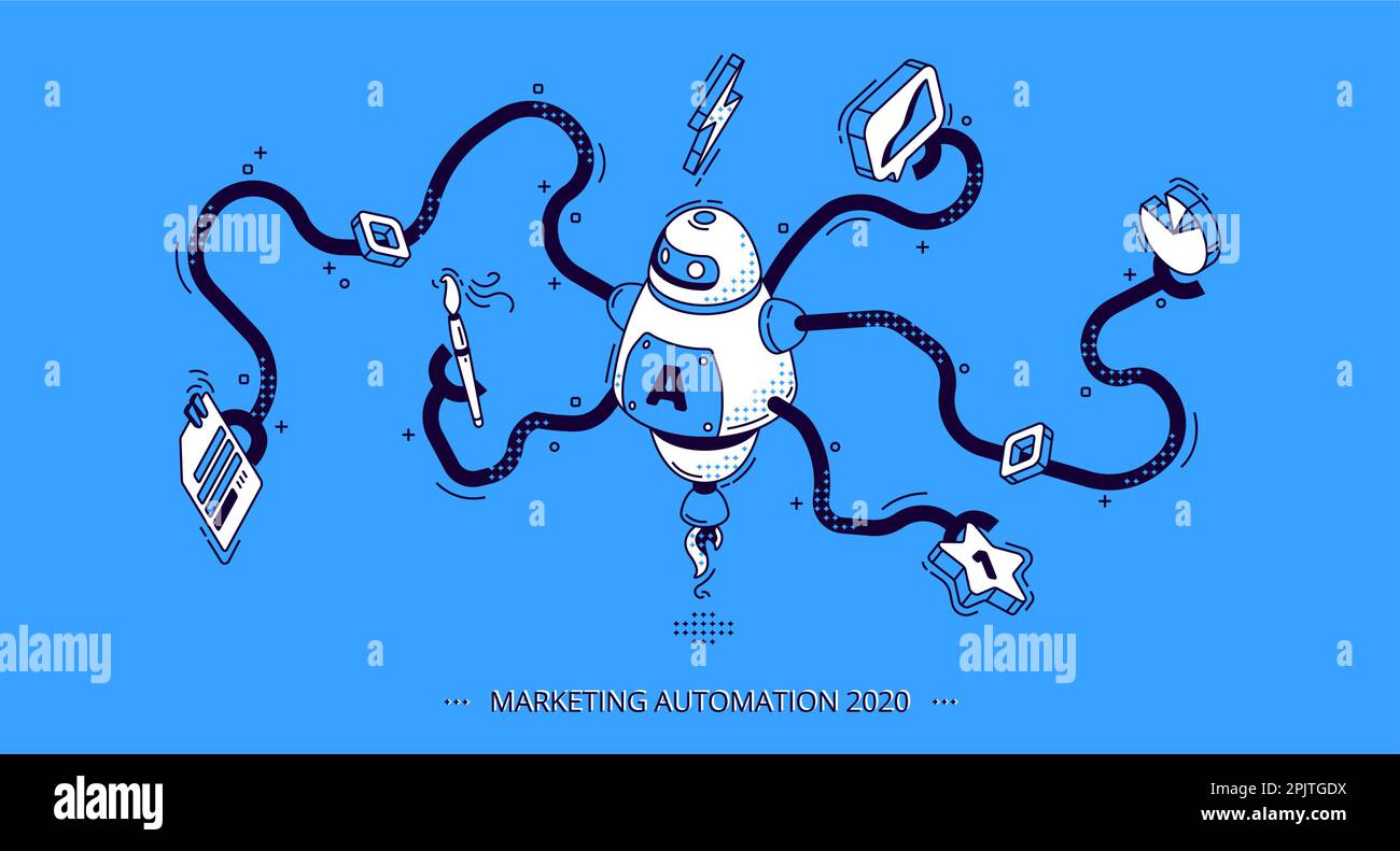 Isometrisches Banner für Marketingautomatisierung 2020. Technologie für SEO, Internet, digitale Unternehmensinhalte. Oktopusroboter mit vielen Händen, die Büroattribute und Grafiken halten. 3D-Vektordarstellung, Strichgrafiken Stock Vektor