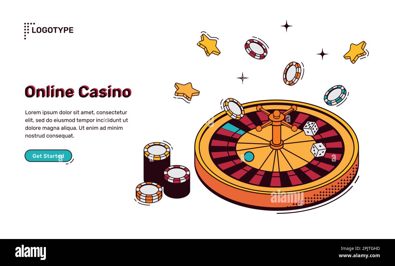 Isometrische Landing-Page des Online-Casinos, Roulette-Rad mit Würfel, Chips und Sternen, Internet-Glücksspiel-Service, Freizeitangebote, Internet-Business-Freizeitbranche, 3D-Vektorlinien-Webbanner Stock Vektor
