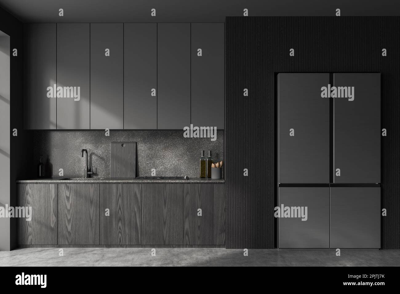 Inneneinrichtung einer stilvollen Küche mit grauen Wänden, Betonboden, dunklen Holzschränken mit eingebautem Herd und Waschbecken und großem Kühlschrank. 3D-Rendering Stockfoto