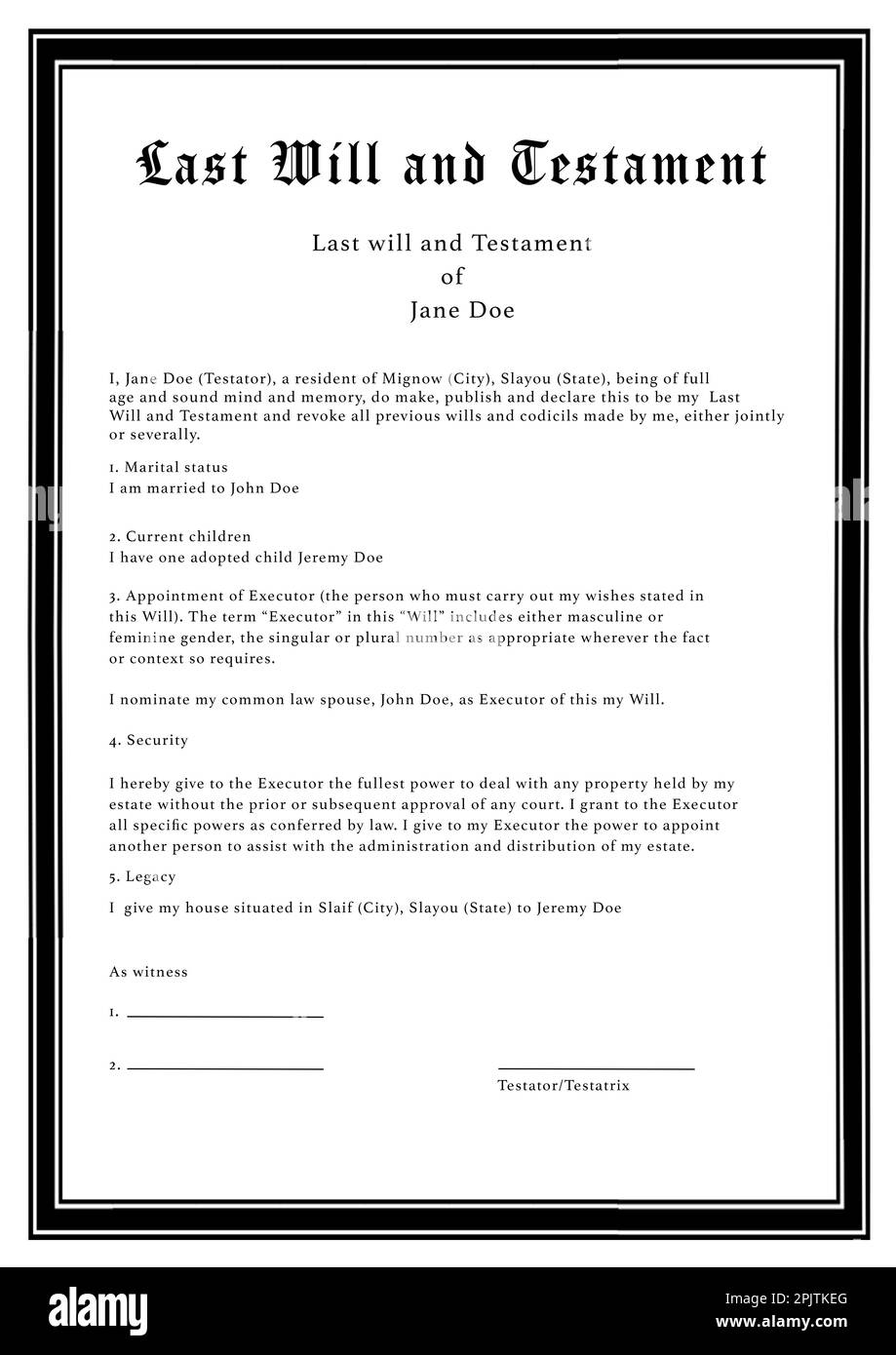 Letzter Wille und Testament von Jane Doe, Illustration Stockfoto