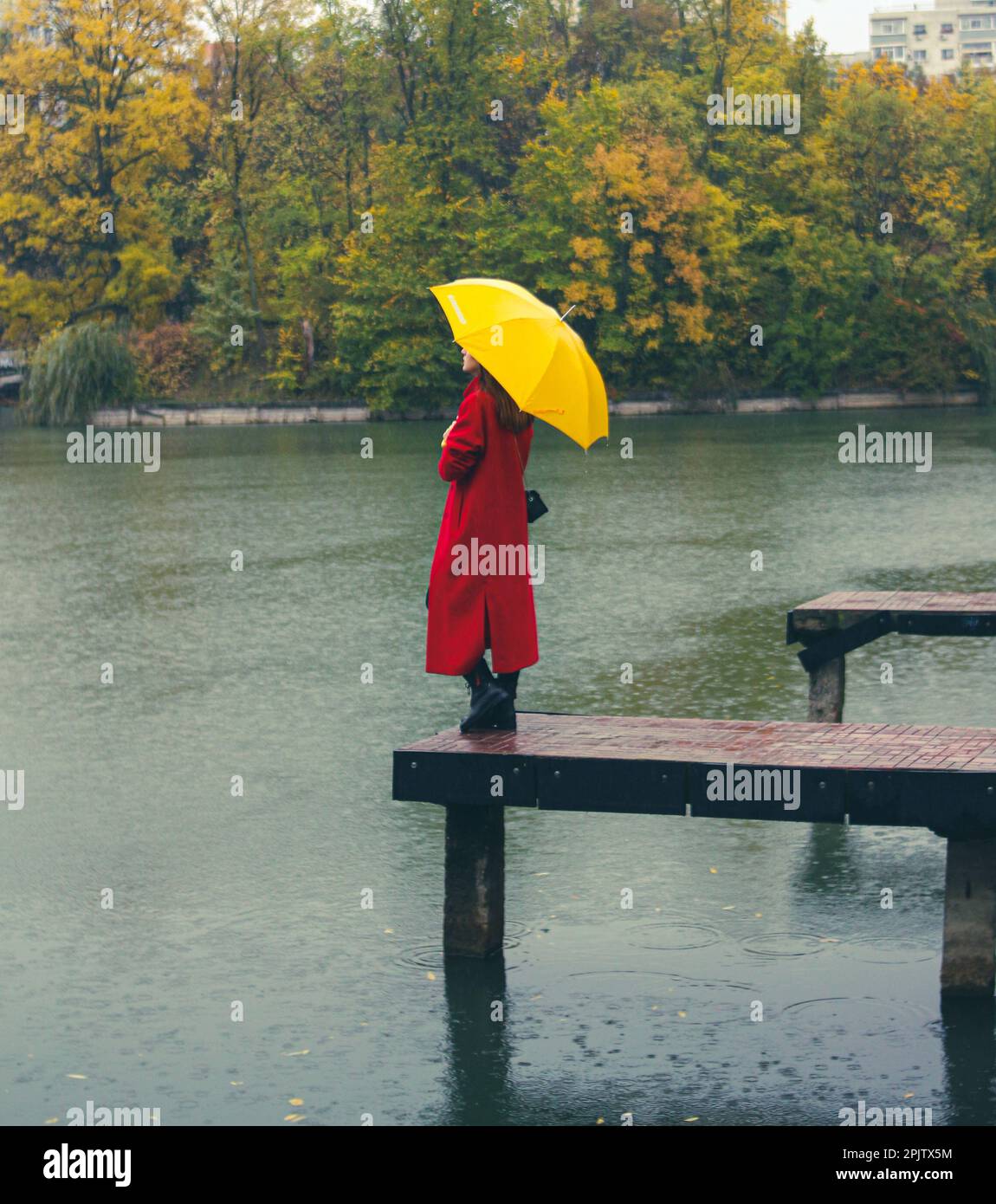 Ein Mädchen mit rotem Mantel und gelbem Regenschirm, das allein im Regen steht. Städtischer See im Park. Stockfoto