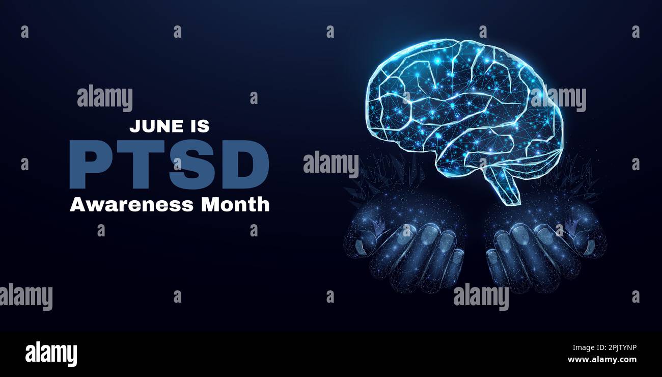 Posttraumatische Belastungsstörung-Awareness-Month-Konzept. PTSD-Bannervorlage mit leuchtendem Poly. Futuristisch-modernes abstraktes. Isoliert im Dunkeln Stock Vektor