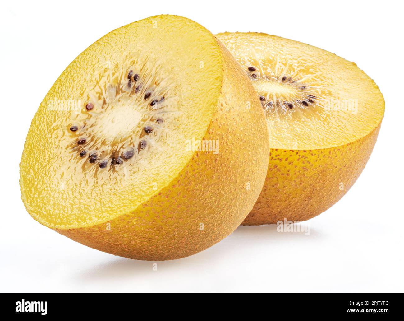 Goldene Kiwi-Fruchtscheiben isoliert auf weißem Hintergrund. Stockfoto