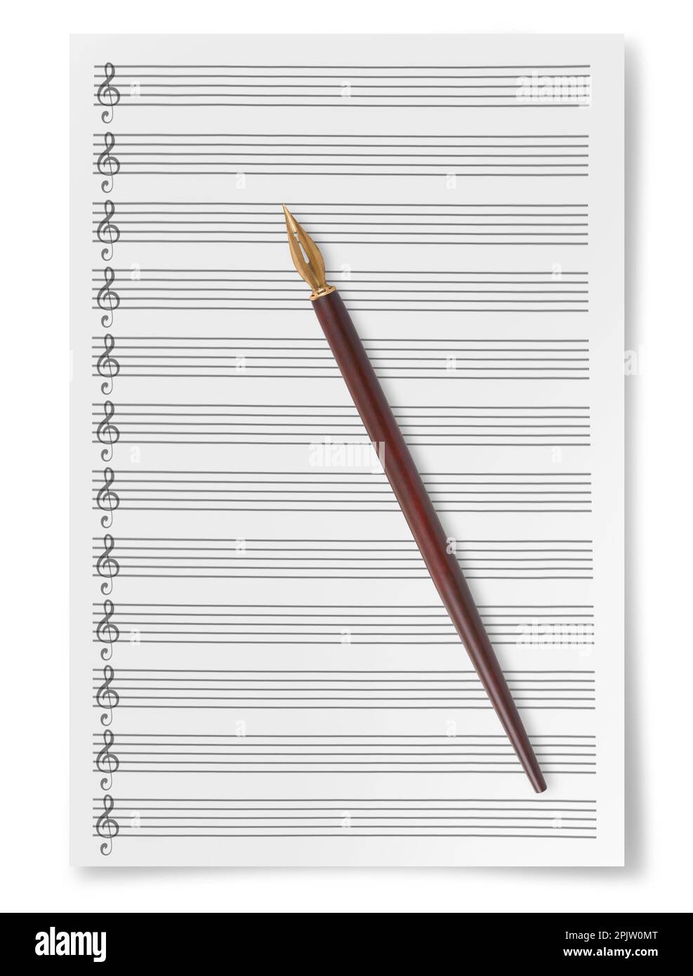 Unbeschriftetes Blatt Musikkomposition Manuskript-Personal mit isoliertem Dip-Stift auf weißem Hintergrund Stockfoto