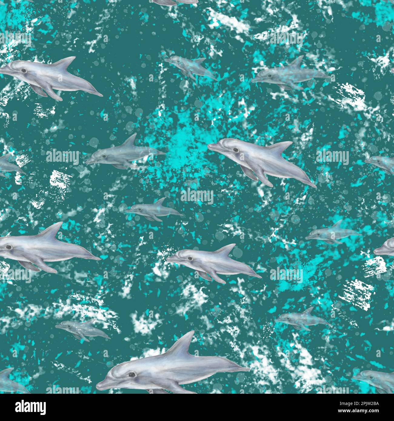 Fliegende Delfine, nahtloses Muster. Türkisfarbenes grünes Wasser. Delfine im Meer abstrakter Hintergrund. Stockfoto