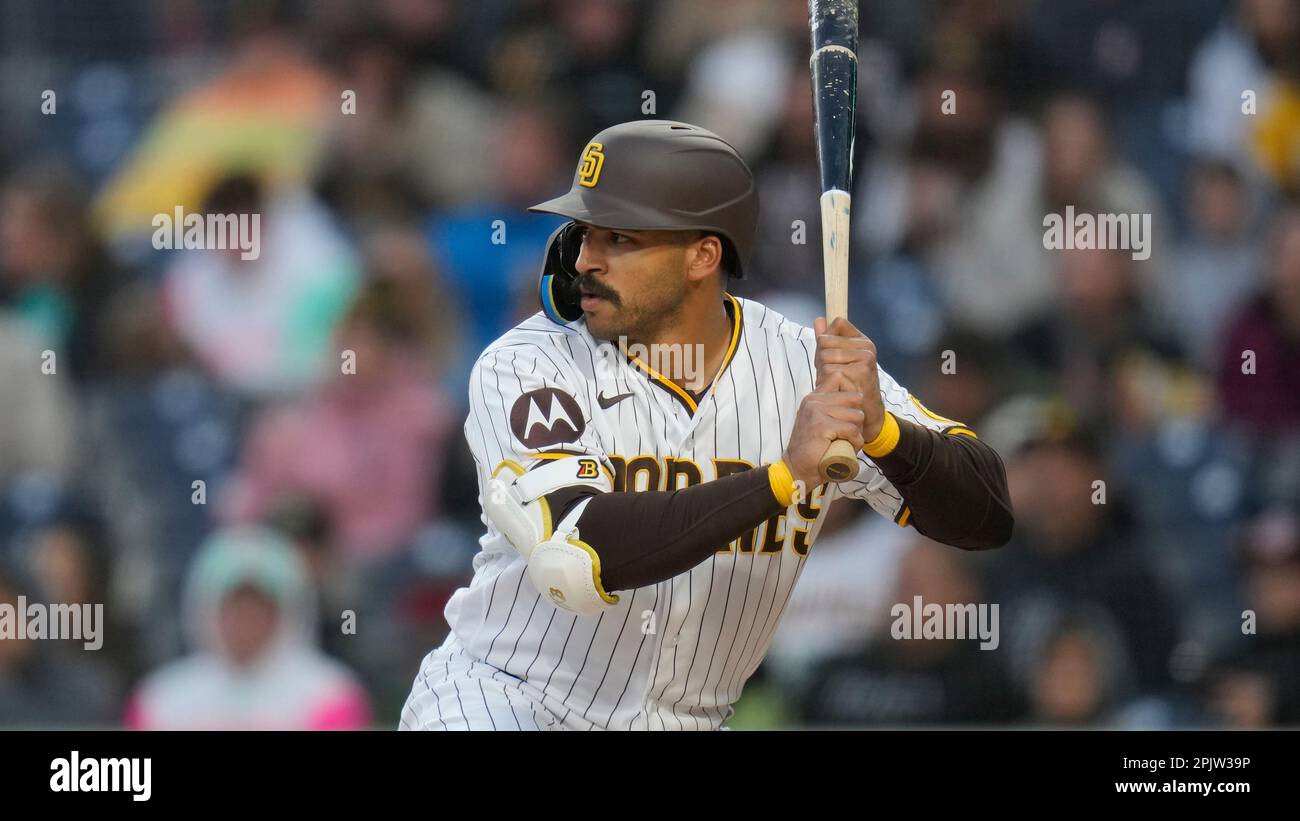San Diego Padres' Trent Grisham bats during the first inning of a baseball game against the Arizona Diamondbacks, Monday, April 3, 2023, in San Diego. (AP Photo/Gregory Bull) Stockfoto