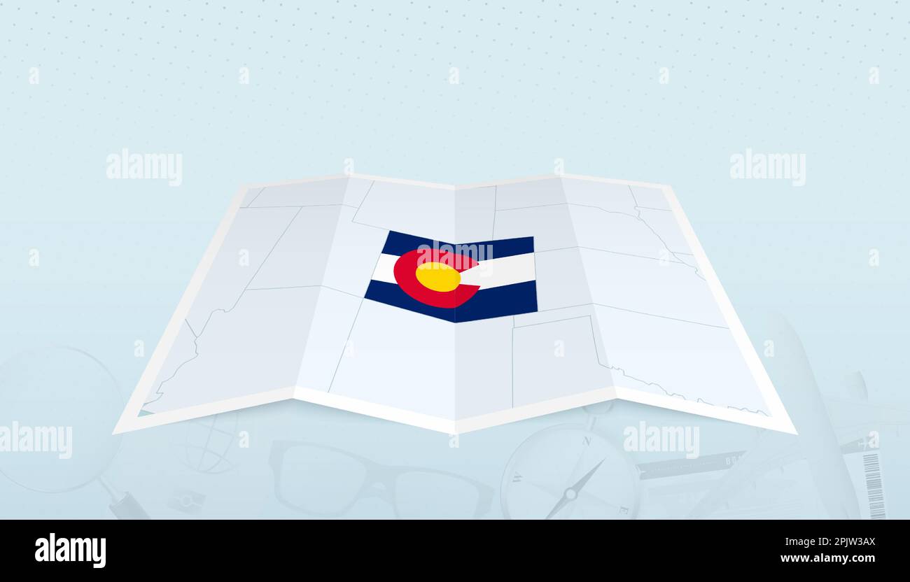Karte von Colorado mit der Flagge von Colorado in der Kontur der Karte vor einem abstrakten Hintergrund. Reiseabbildung. Stock Vektor