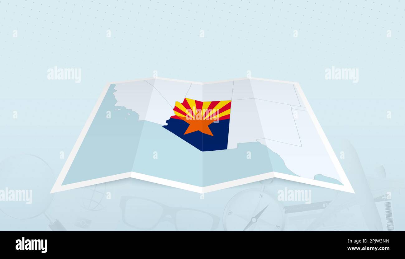 Karte von Arizona mit der Flagge von Arizona in der Kontur der Karte vor einer abstrakten Reise-Kulisse. Reiseabbildung. Stock Vektor