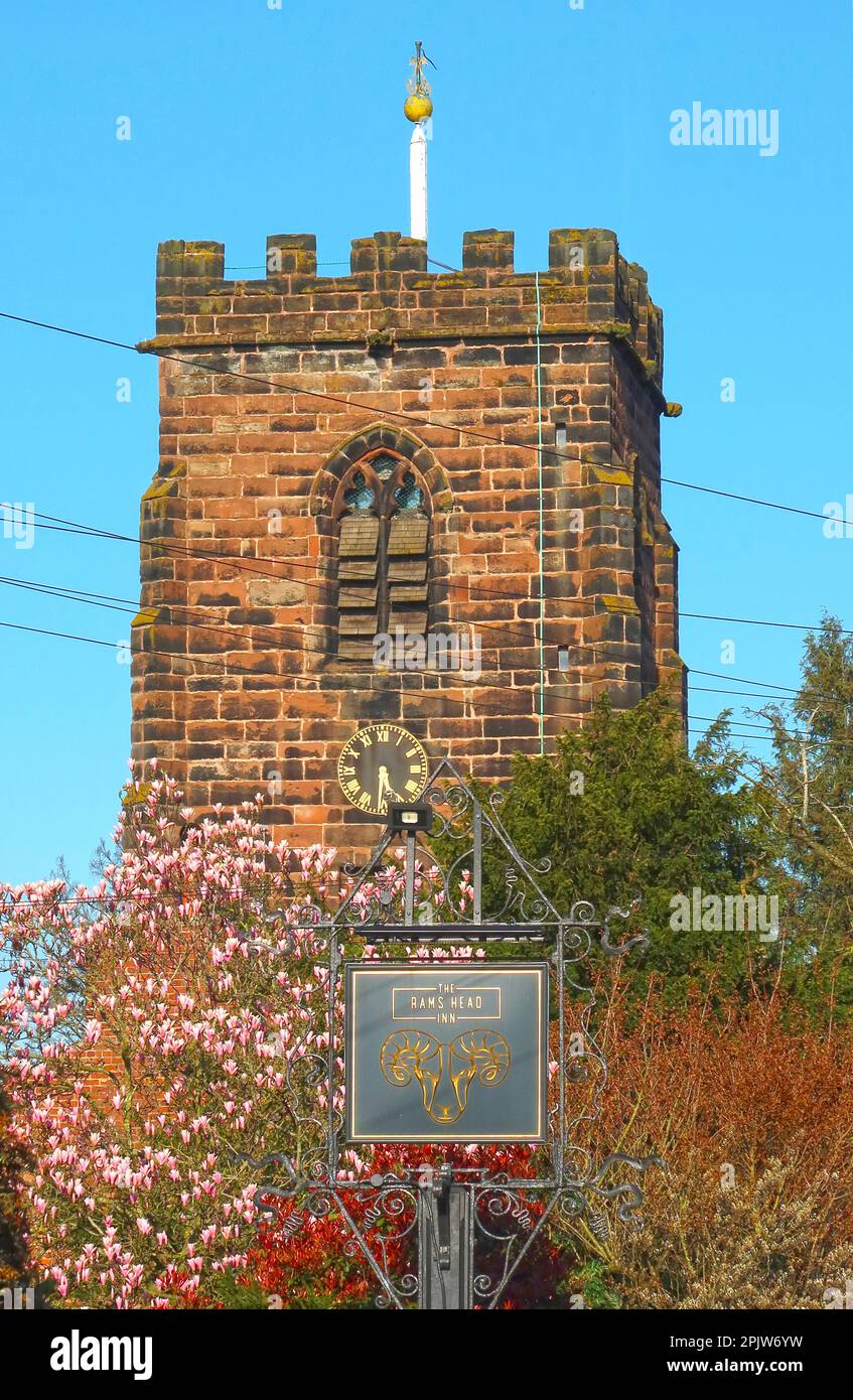 Dorf im Frühling, St. Wilfrids Kirche, Church Lane, Grappenhall Village, South Warrington, Cheshire, England, Großbritannien Stockfoto