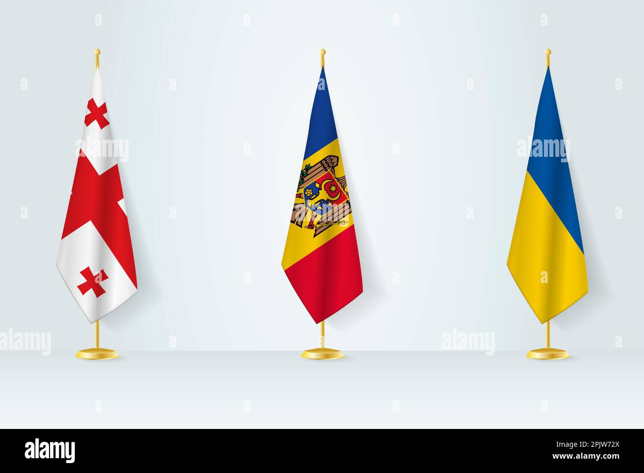 Politisches Treffen von Regierungen. Flaggen Georgiens, der Republik Moldau und der Ukraine. Flags gesetzt. Stock Vektor