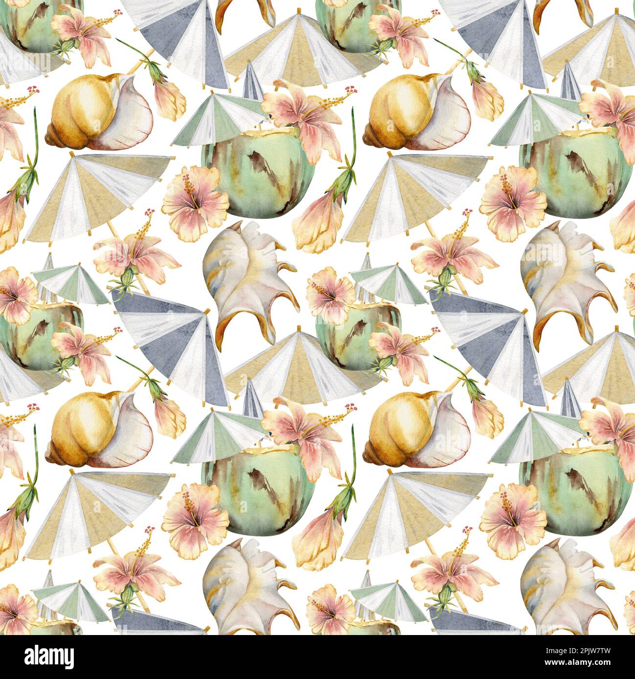 Handgezeichneter, wässriger Kokosnuss-Cocktail mit Papierschirm und Hibiskus. Nahtloses Muster. Isoliert auf weißem Hintergrund. Wandbild, Hochzeit, Druck Stockfoto