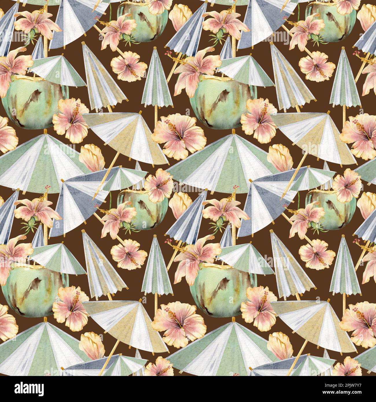 Handgezeichneter, wässriger Kokosnuss-Cocktail mit Papierschirm und Hibiskus. Nahtloses Muster. Isoliert auf farbigem Hintergrund. Wandbild, Hochzeit, Druck Stockfoto