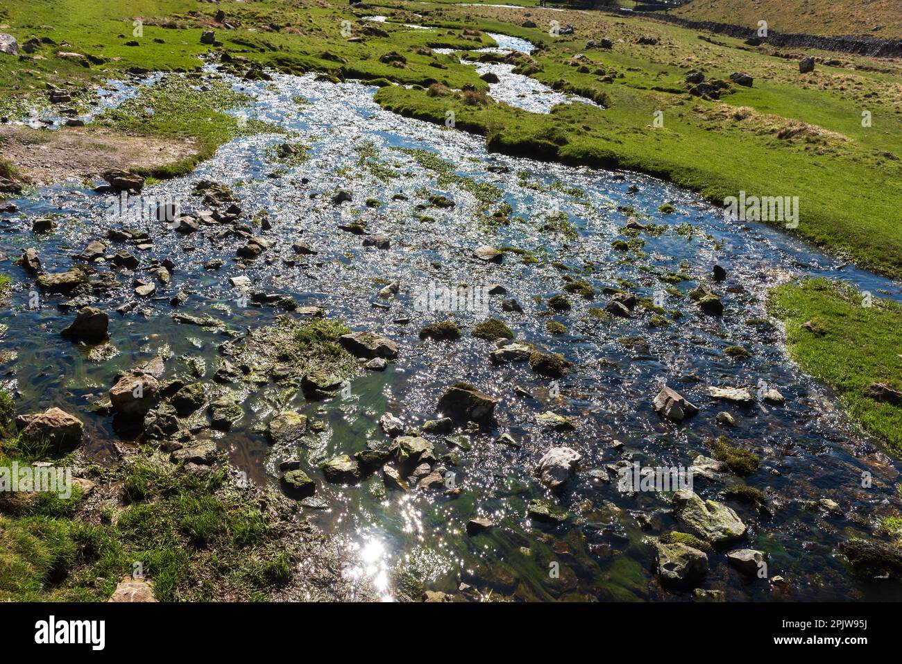 Glitzerndes Wasser von Gordale Beck, das über das Kalksteinflusbett fließt. Stockfoto