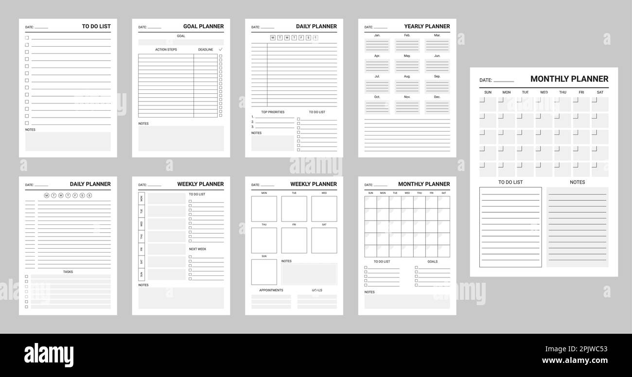 Planer-Zeitplan. Kalender für Arbeits- und Ausbildungsplaner, Checkliste für wöchentliche Planer oder Vektorvorlage für tägliche Journalseiten. Monatsplan, tim Stock Vektor
