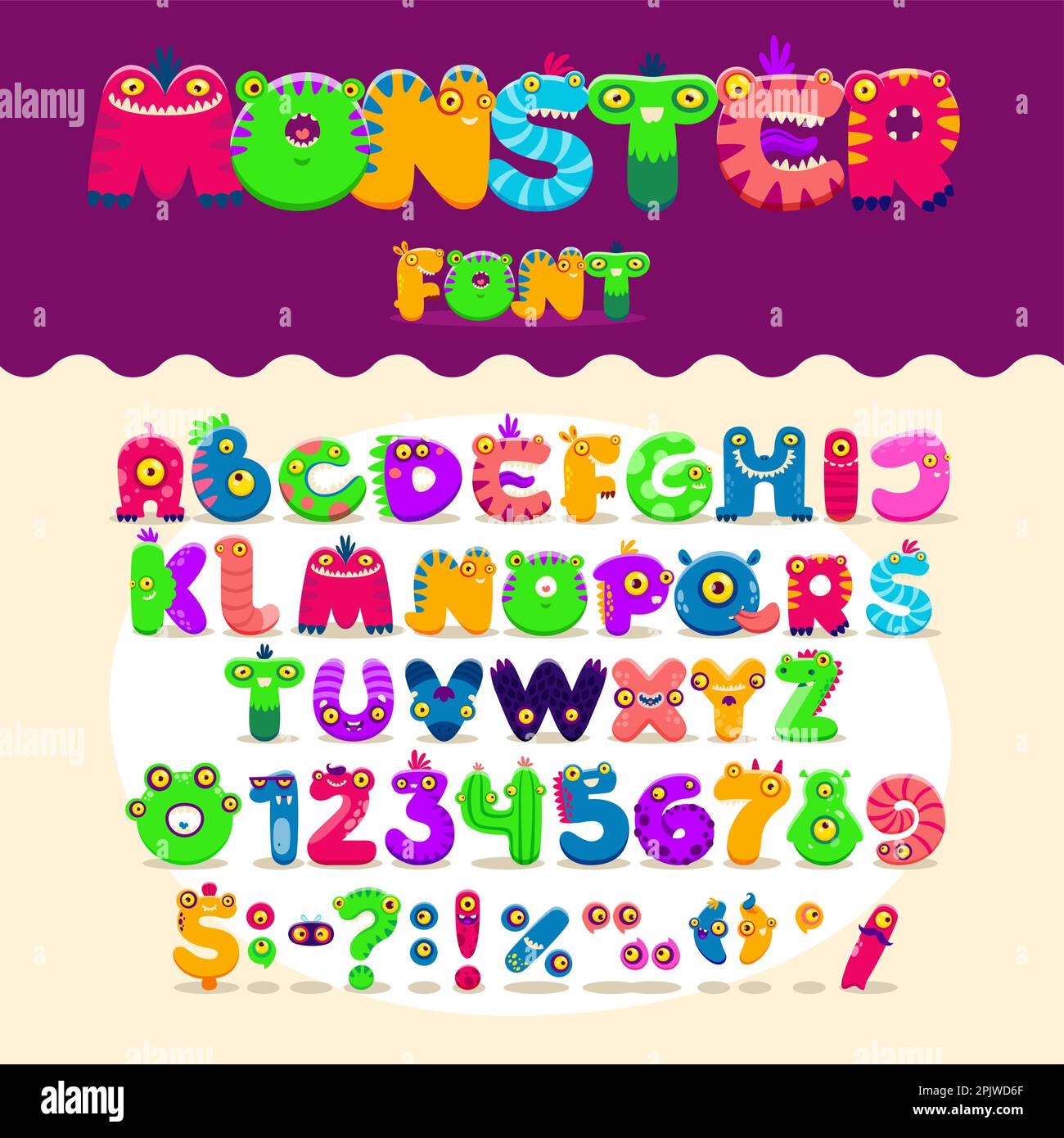 Zeichentrickmonster Schriftart, Schriftart, Schriftart und Alphabet. Vektorbuchstaben und Zahlen mit niedlichen Halloween-Monstertieren und Außerirdischen. Lustiges Abc mit Stock Vektor