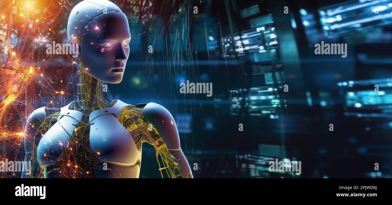 Humanoides Mädchen, Roboterassistentin im Inneren eines futuristischen Computerzentrums. Technologien und künstliche Intelligenz der Datenverarbeitung. Neonneur Stockfoto
