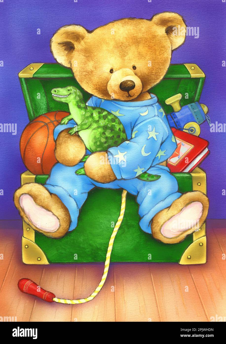Juvenile-Teddy setzt Spielzeugkiste im Pyjama mit Dinasaur Stockfoto