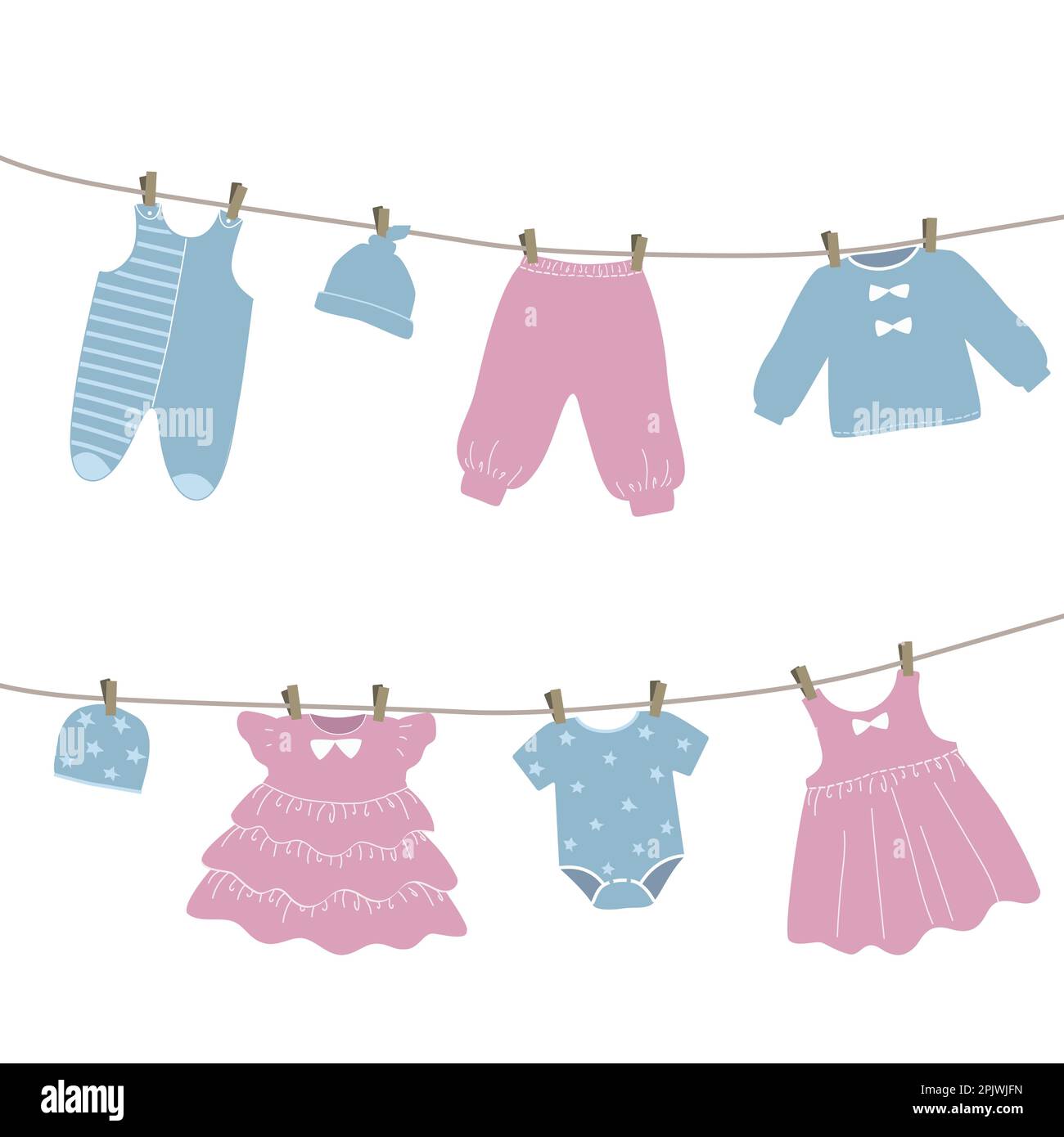 Babykleidung hängt an der Wäscheleine. Dinge werden nach dem Waschen auf Wäscheklammern getrocknet. Vektordarstellung in Rosa und Blau Stock Vektor