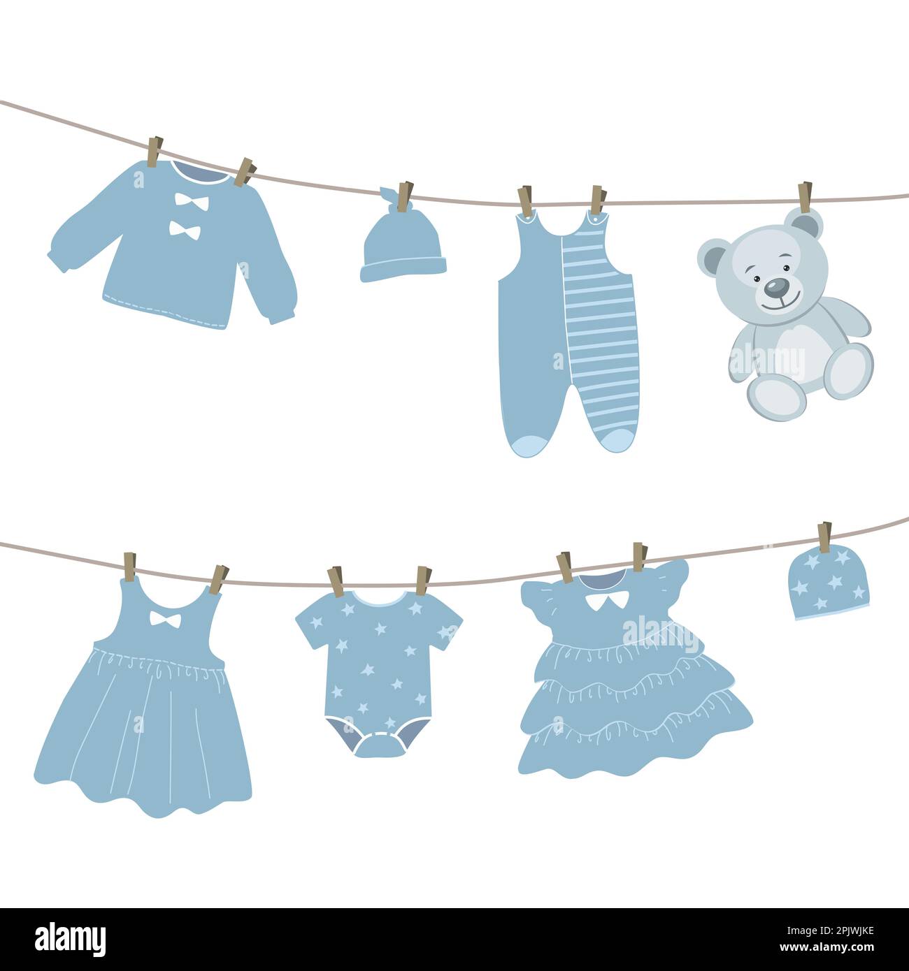 Babykleidung hängt an der Wäscheleine. Dinge werden nach dem Waschen auf Wäscheklammern getrocknet. Vektordarstellung in blauen Farben Stock Vektor