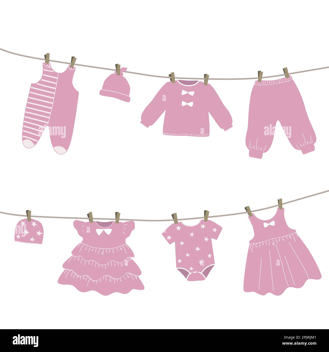 Babykleidung hängt an der Wäscheleine. Nach dem Waschen werden die Sachen auf den Wäscheklammern getrocknet. Vektorgrafik in rosa Farben Stock Vektor