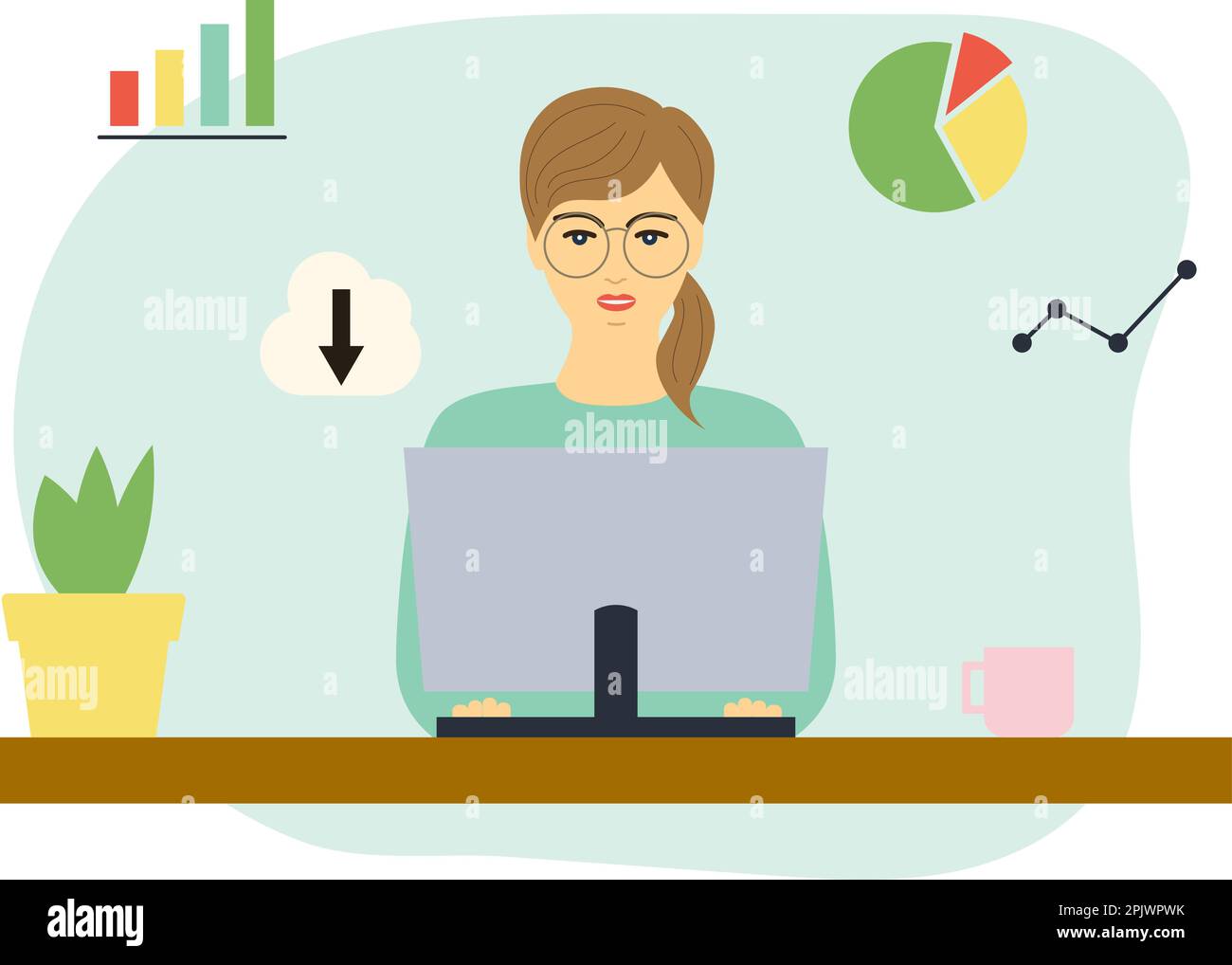 Beschäftigte junge Frau, die am Schreibtisch sitzt und einen PC verwendet. Diagramme und Diagramme, Download Cloud, Blumentopf, Tasse Kaffee. Office Manager für Infografiken Stock Vektor