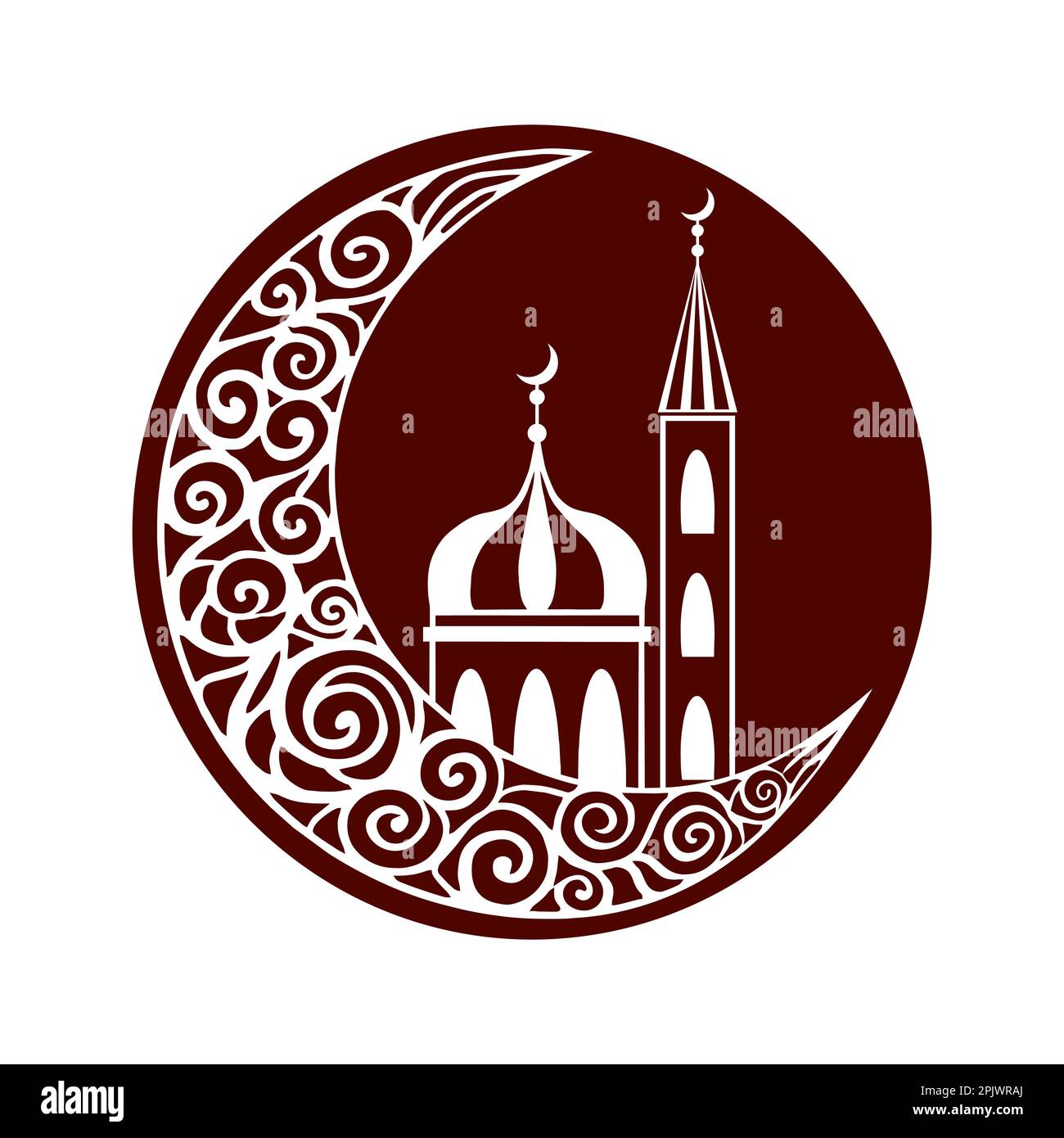 Wunderschöner Halbmond und Moschee. Ramadan Kareem im Grafikstil. Ramadan-Vektordarstellung. Einfaches und minimalistisches Design. Zur Begrüßung des Autos Stock Vektor