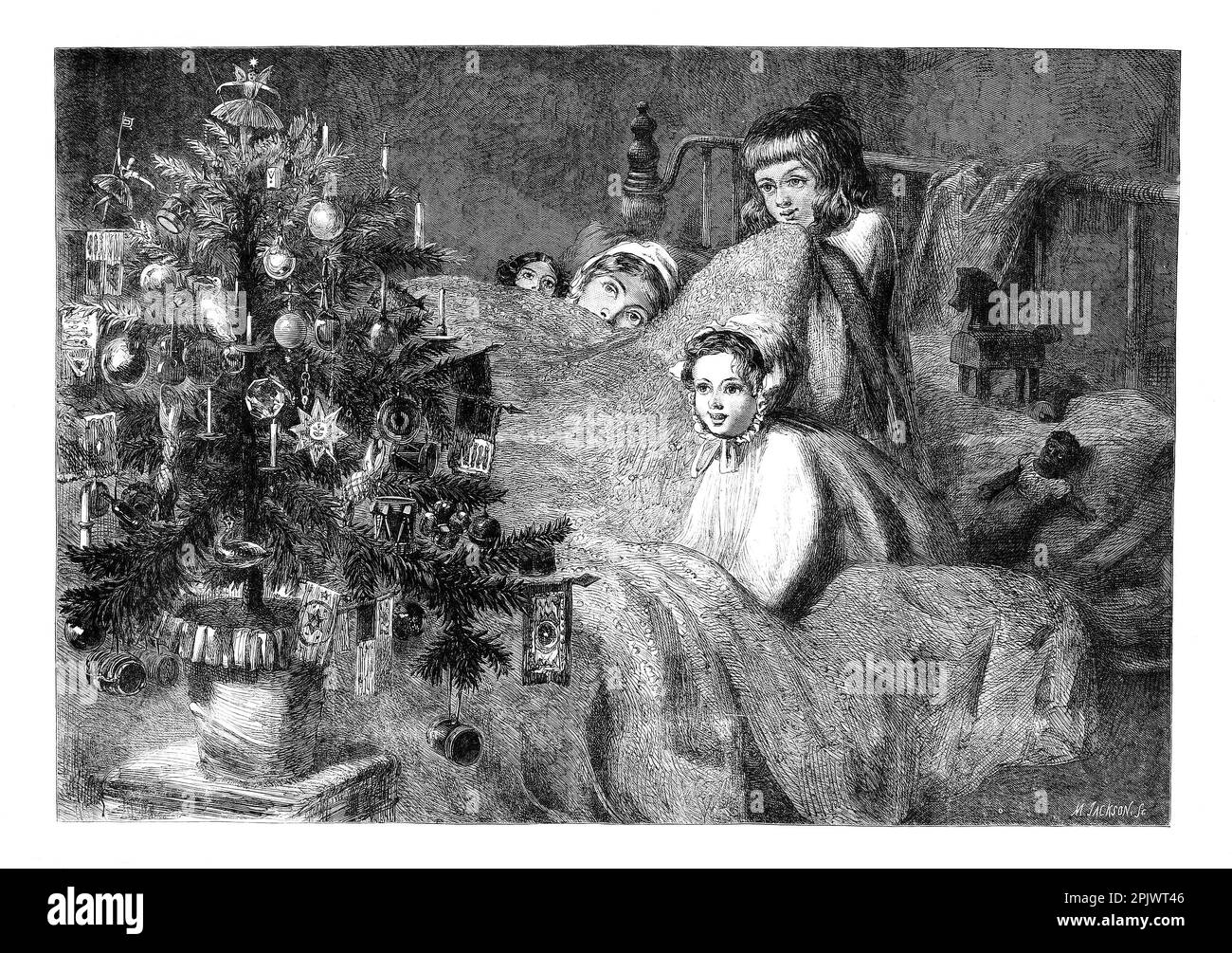 Ein viktorianisches Weihnachten, etwa 1865, bei dem vier Kinder im Bett einen Weihnachtsbaum bewundern. Stockfoto