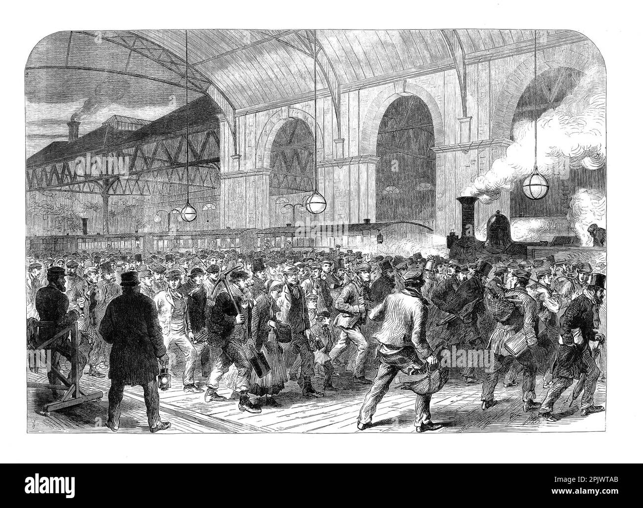 April 1865 und die Ankunft des Arbeiter-Penny-Zuges in Victoria Station, London, England Stockfoto