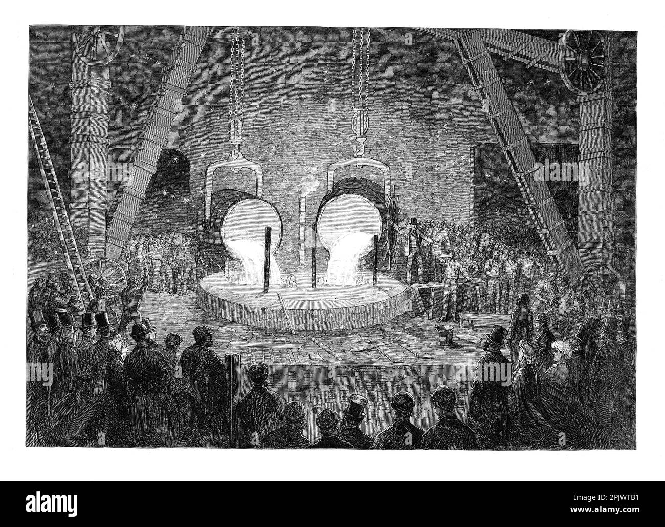 Im Jahr 1865 wurden Besucher in der Penn's Marine Engine Factory in Greenwich, London, England, beim Gießen eines Zylinders für eine Wasserdampfmaschine gezeichnet. Das Unternehmen wurde zum Hauptlieferanten der Royal Navy, als es den Übergang von Segel- zu Dampf-Energie vollzog. Stockfoto