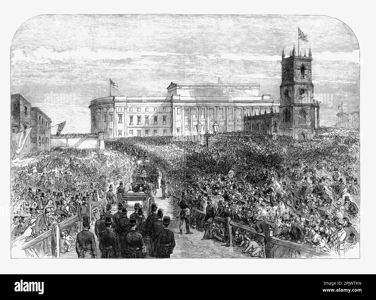 Der Prinz und die Prinzessin von Wales besuchen im November 1865 die Saint George's Hall in Liverpool. Die 1854 eröffnete Halle ist ein neoklassizistisches Gebäude mit Konzerthallen und Gerichten und befindet sich jetzt gegenüber dem Bahnhof Lime Street (wo die Kirche stand) im Zentrum von Liverpool, England. Stockfoto