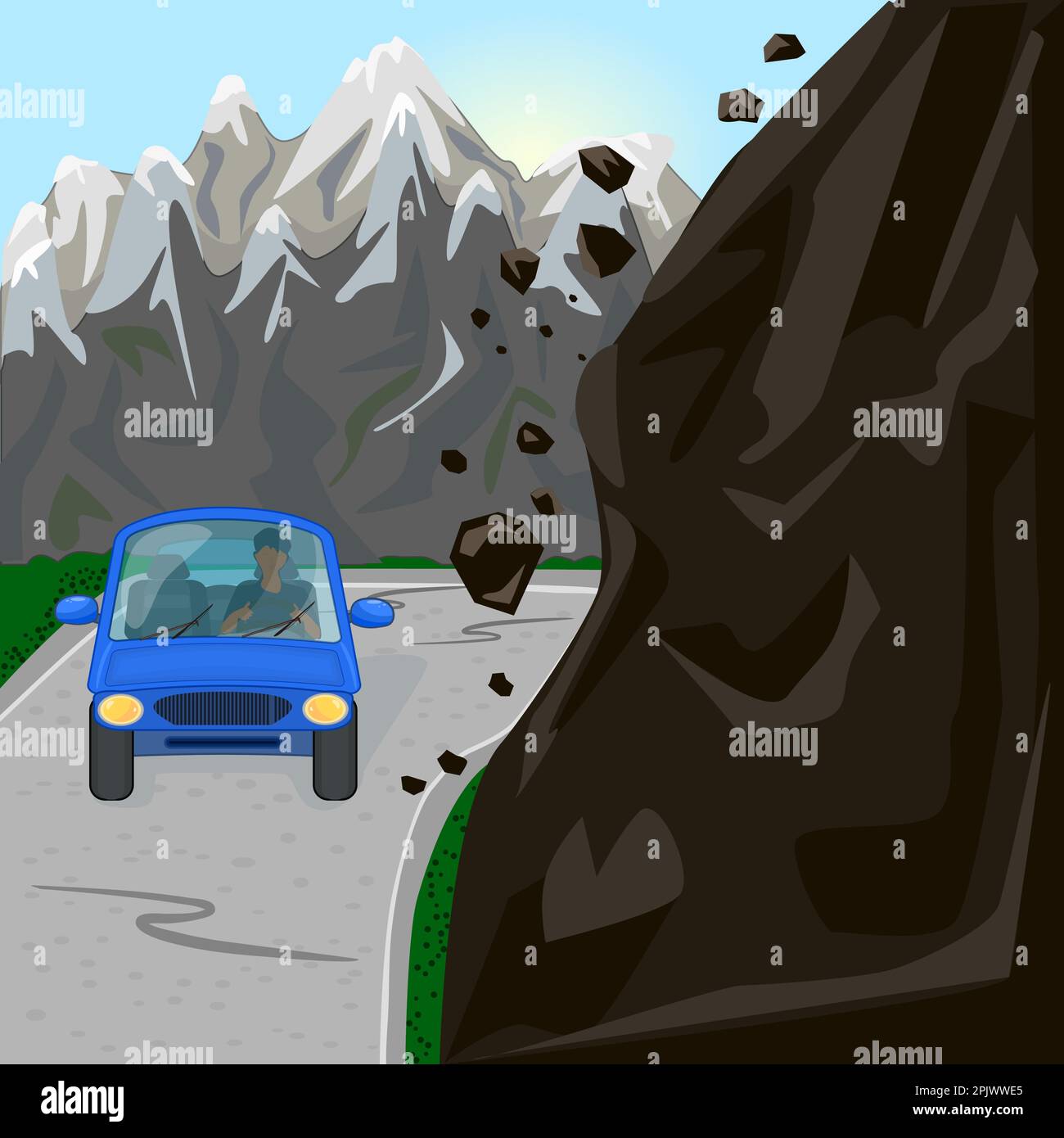 Felsfall auf der Straße. Bergerdrutsch mit rutschenden Felsen und Auto auf der Straße.Naturkatastrophe, Erdbeben, Schlammlawine oder Gefahrenkonzept.Vektordarstellung Stock Vektor