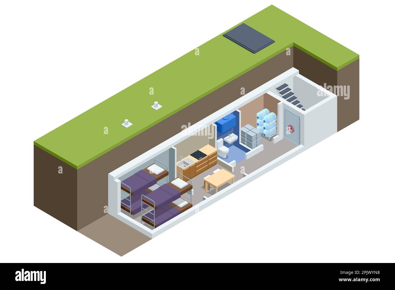 Isometrischer Betonbunker, Bunker, bombensicherer Bunker, Luftschutzbunker. Unterirdischer Luftschutzbunker mit Betten, ein Vorrat an Nahrung zum Überleben Stock Vektor