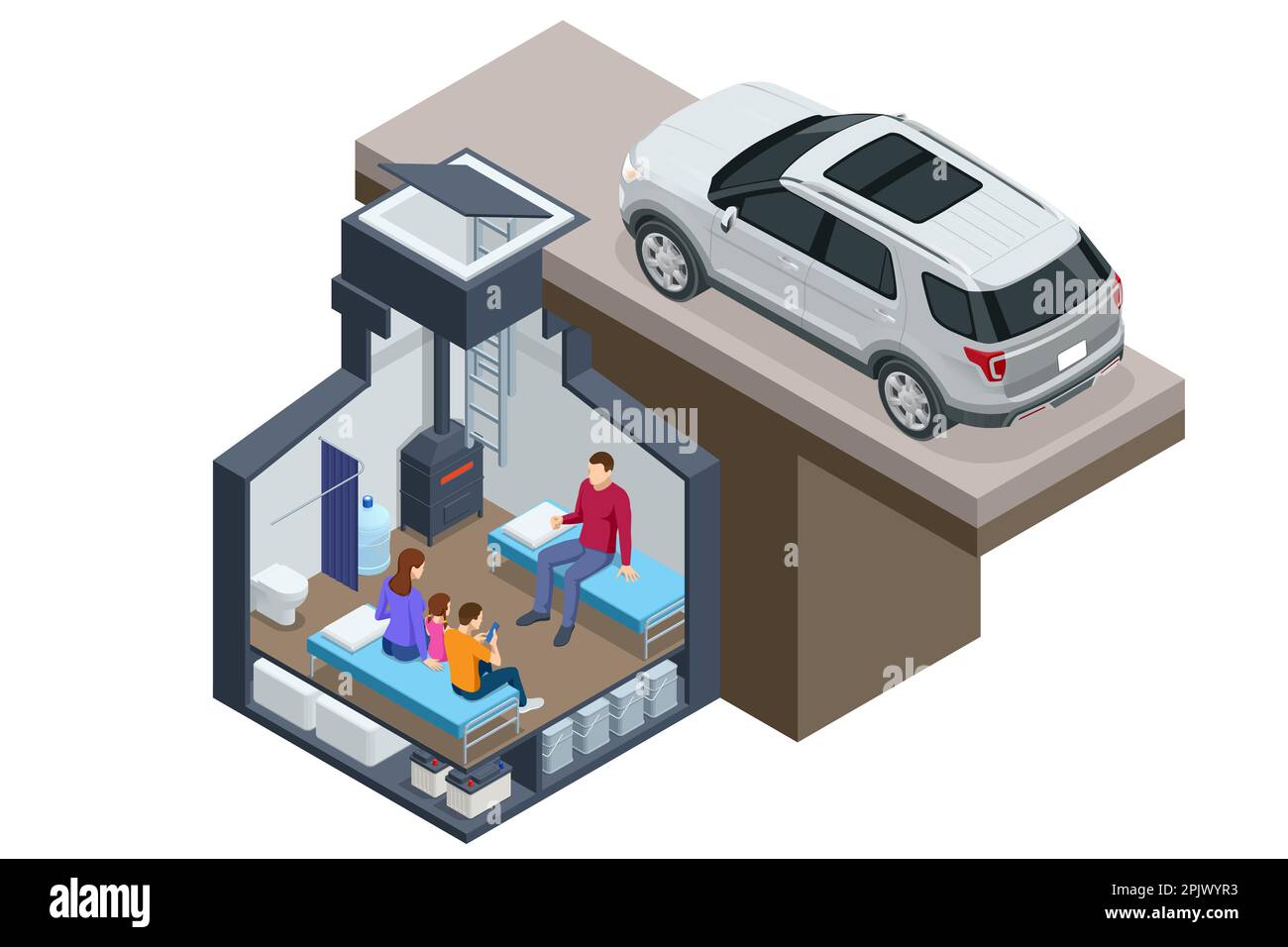 Isometrischer Betonbunker, Bunker, bombensicherer Bunker, Luftschutzbunker. Unterirdischer Luftschutzbunker mit Betten, ein Vorrat an Nahrung zum Überleben Stock Vektor