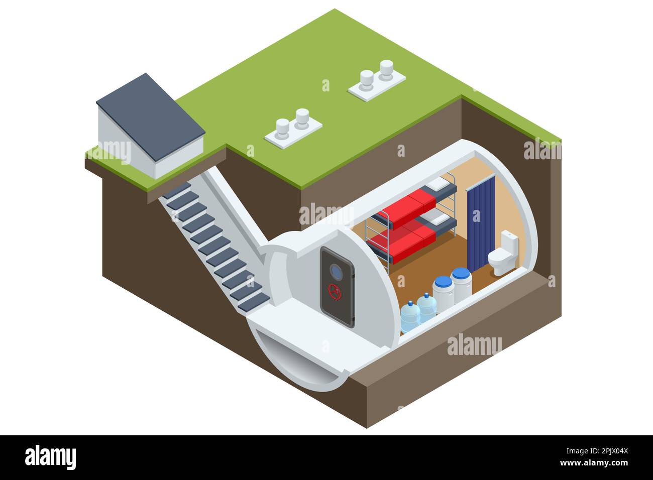 Isometrischer Betonbunker, Bunker, bombensicherer Bunker, Luftschutzbunker. Unterirdischer Luftschutzbunker mit Betten, ein Vorrat an Nahrung zum Überleben Stock Vektor