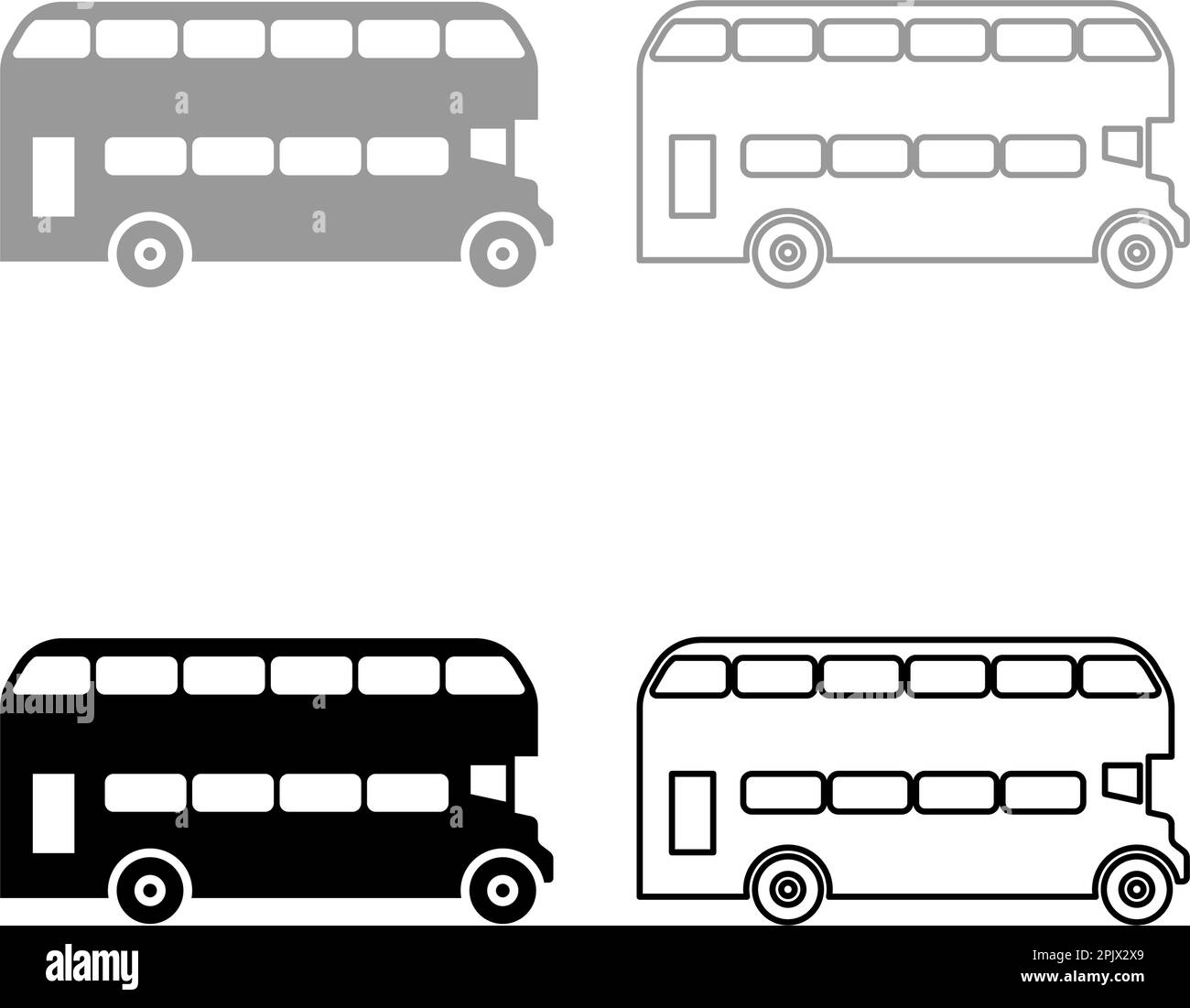 Doppeldeckerbus London Stadtverkehr Doppeldeckerbus Besichtigungstour Set Symbol grau schwarz Vektor Illustration Bild einfach durchgehende Füllung Stock Vektor