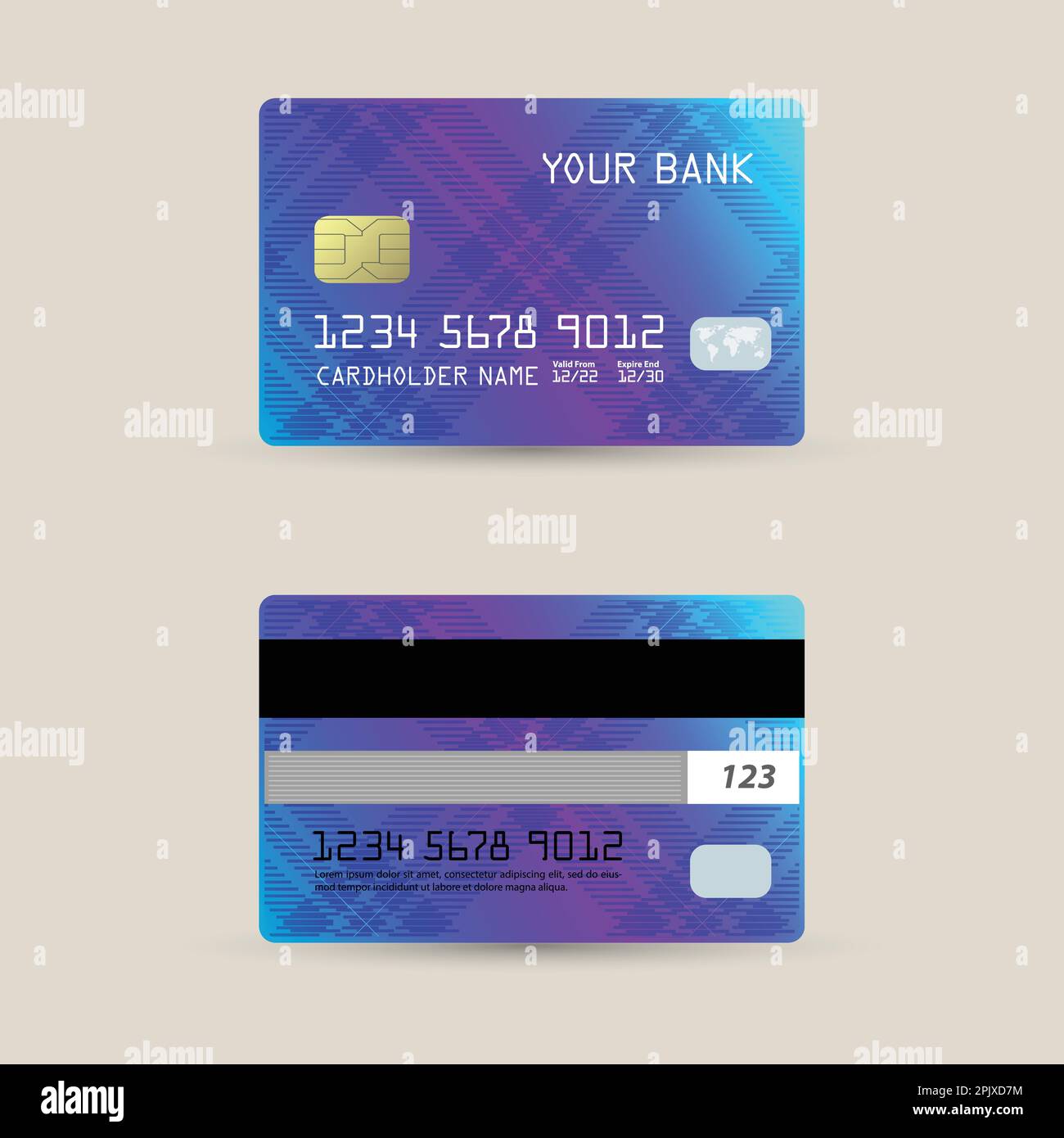 Set aus Debit-, Kredit- und Geldautomaten. Gradientenvorlage für Vorder- und Rückseite. Debitkarte. Vektordarstellung Stock Vektor