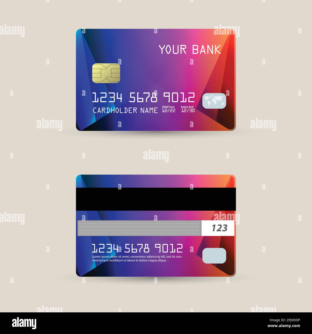 Set aus Debit-, Kredit- und Geldautomaten. Gradientenvorlage für Vorder- und Rückseite. Debitkarte. Vektordarstellung Stock Vektor