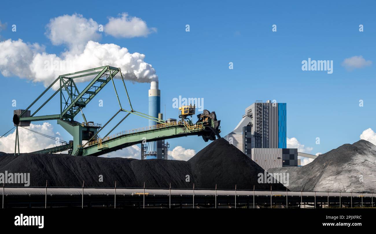 Stapler-Rückladegeräte in einem Kohleumschlagterminal mit im Hintergrund einem Kohlekraftwerk. Stockfoto