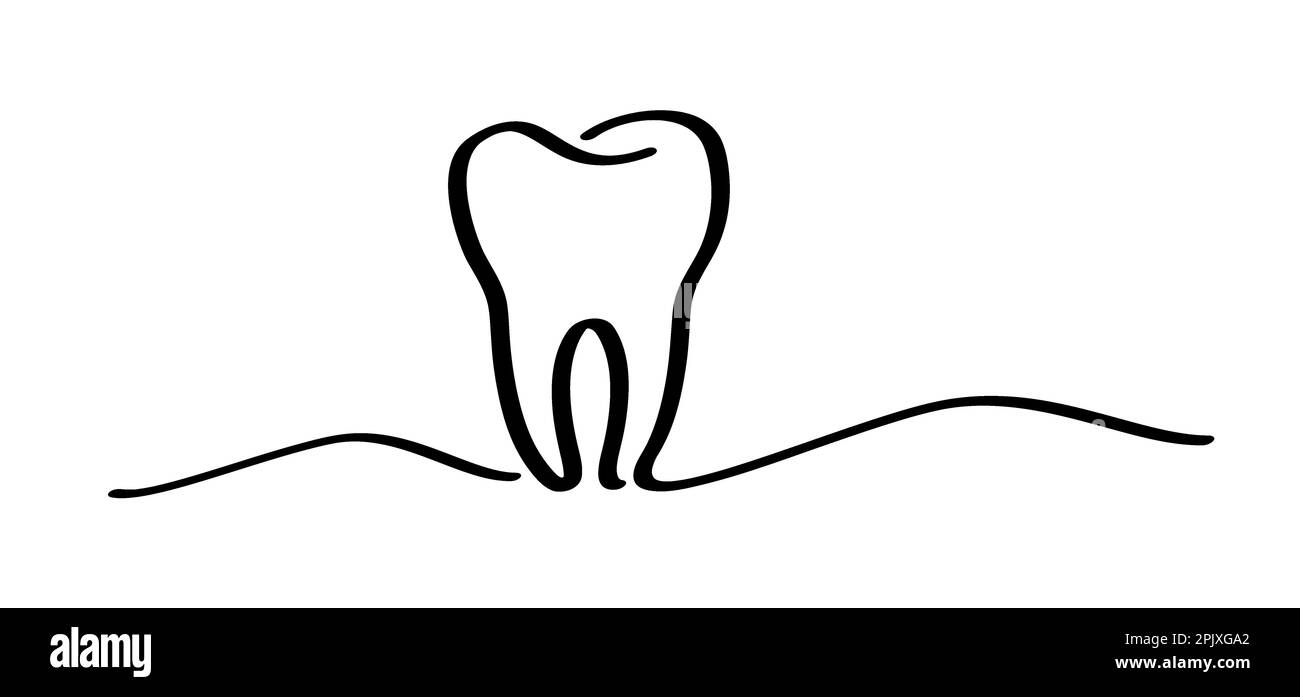 Cartoon gesund, Zahn mit Zahnfleisch, Linienmuster. Silhouettensymbol für Vektorzeichnung. Zähne oder Zähne mit Karies schädigen. Gebrochener Zahn, Mund und Zahn, da Stockfoto