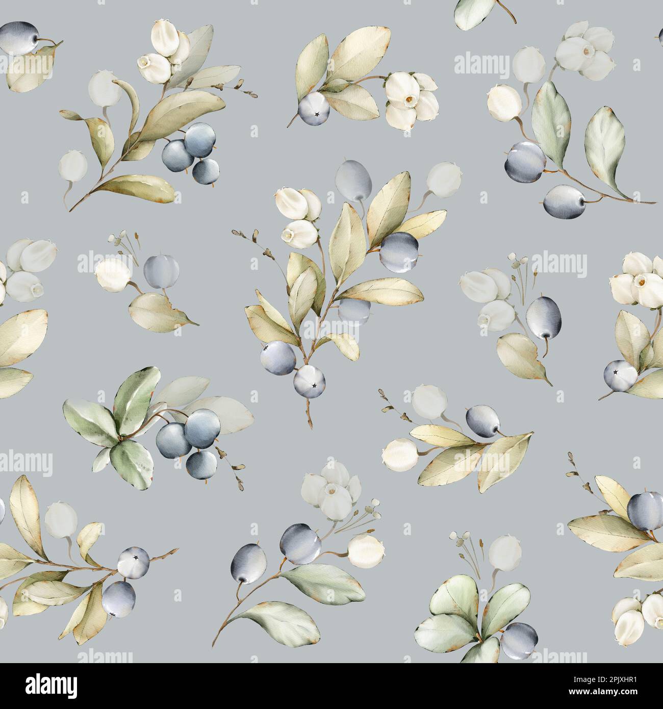 Nahtloses Aquarellmuster mit zarten Wildbeeren, Blättern, Zweigen. Botanische Fliese, Hintergrund. Blumenmuster zum Einpacken oder für Stoff. Stockfoto