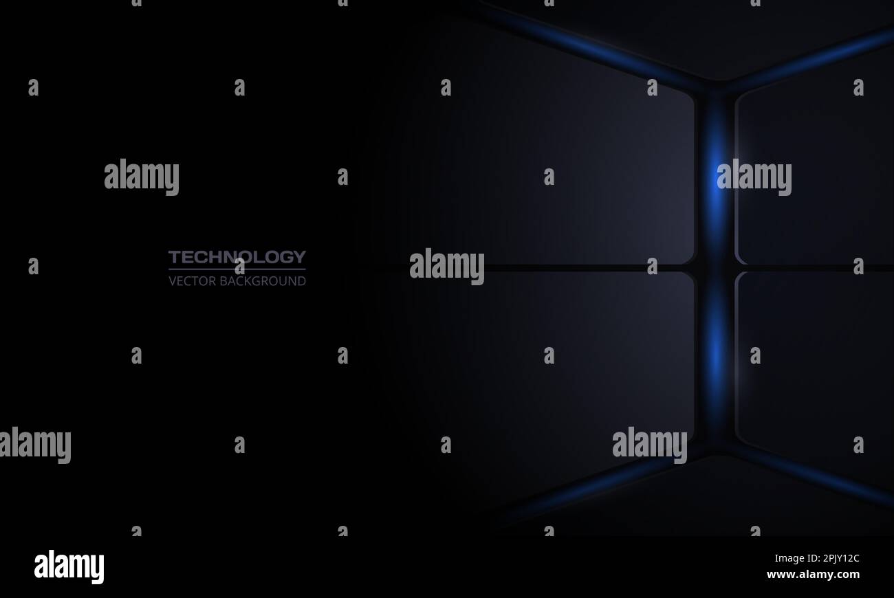 Schwarzer abstrakter Hintergrund mit moderner Technologie 3D mit vertikalen Linien und blauen Blitzen. Vektordarstellung Stock Vektor