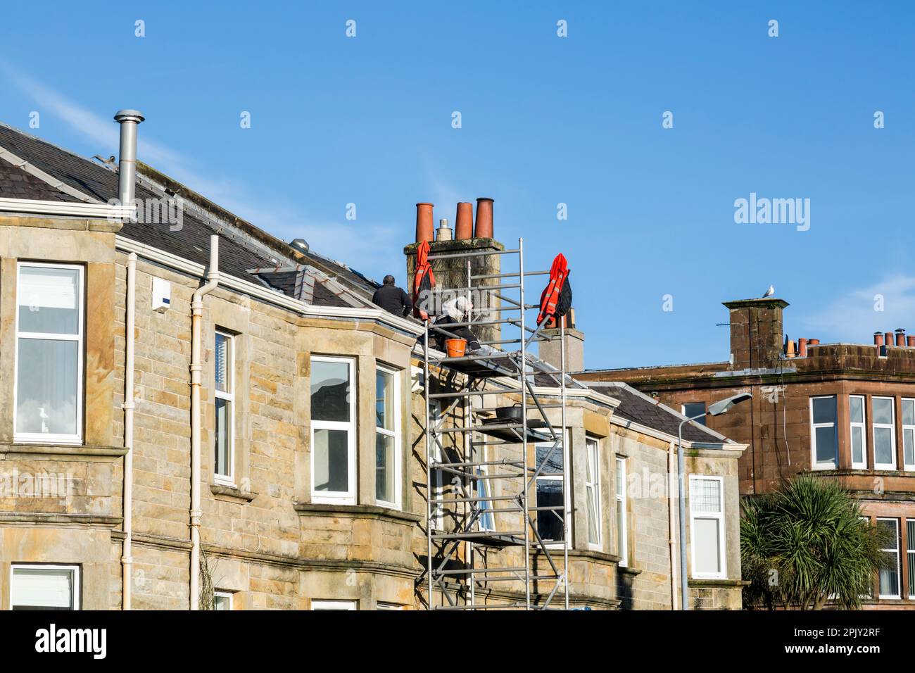 Bauunternehmer reparieren ein Dach auf einem Reihenhaus, Schottland, Großbritannien, Europa Stockfoto