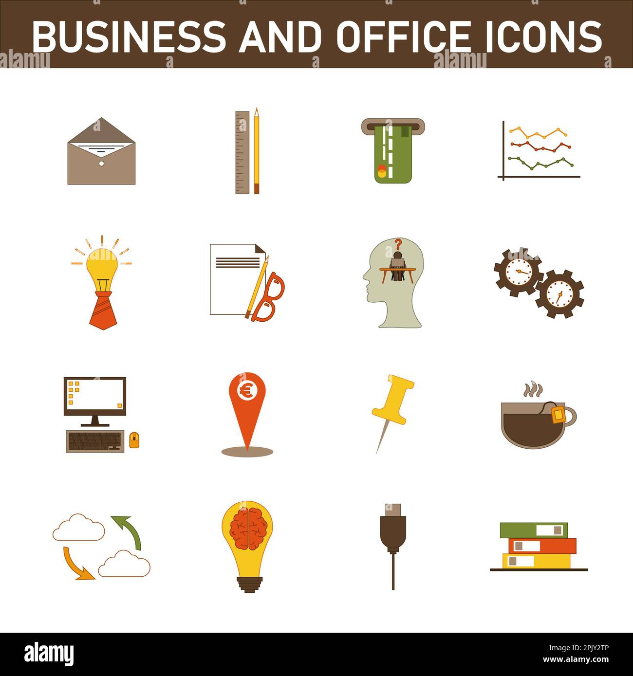 Eine Sammlung mehrfarbiger Flachsymbole zum Thema: Geschäft und Büro. Isoliert auf weißem Hintergrund. Stockfoto