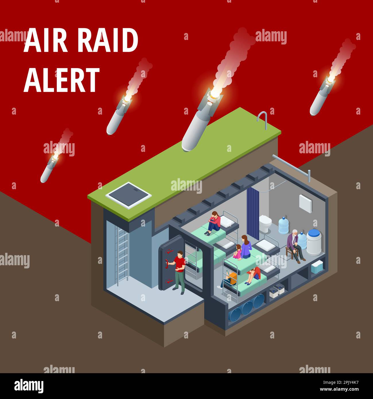 Isometrischer Betonbunker, Bunker, bombensicherer Bunker, Luftschutzbunker. Unterirdischer Luftschutzbunker mit Betten und Nahrungsmitteln zum Überleben Stock Vektor