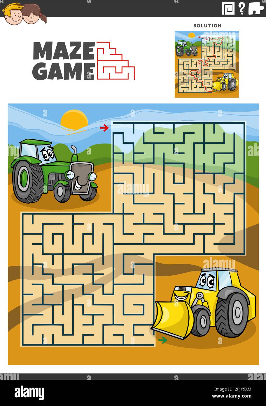Cartoon-Darstellung eines Labyrinth-Puzzle-Spiels mit lustigen Figuren aus Traktor und Bulldozer-Fahrzeug Stock Vektor