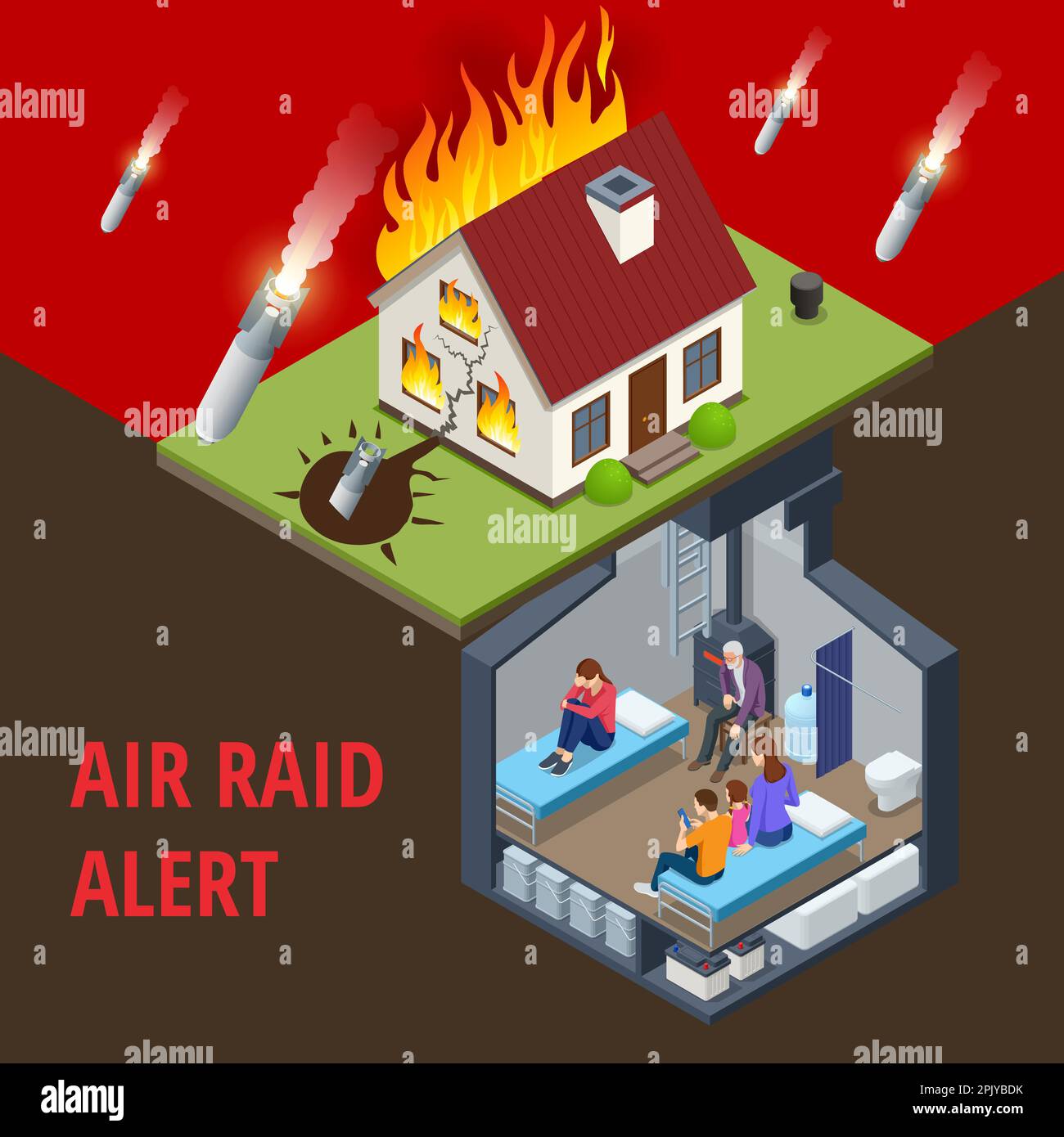 Isometrischer Betonbunker, Bunker, bombensicherer Bunker, Luftschutzbunker. Unterirdischer Luftschutzbunker mit Betten und Nahrungsmitteln zum Überleben Stock Vektor
