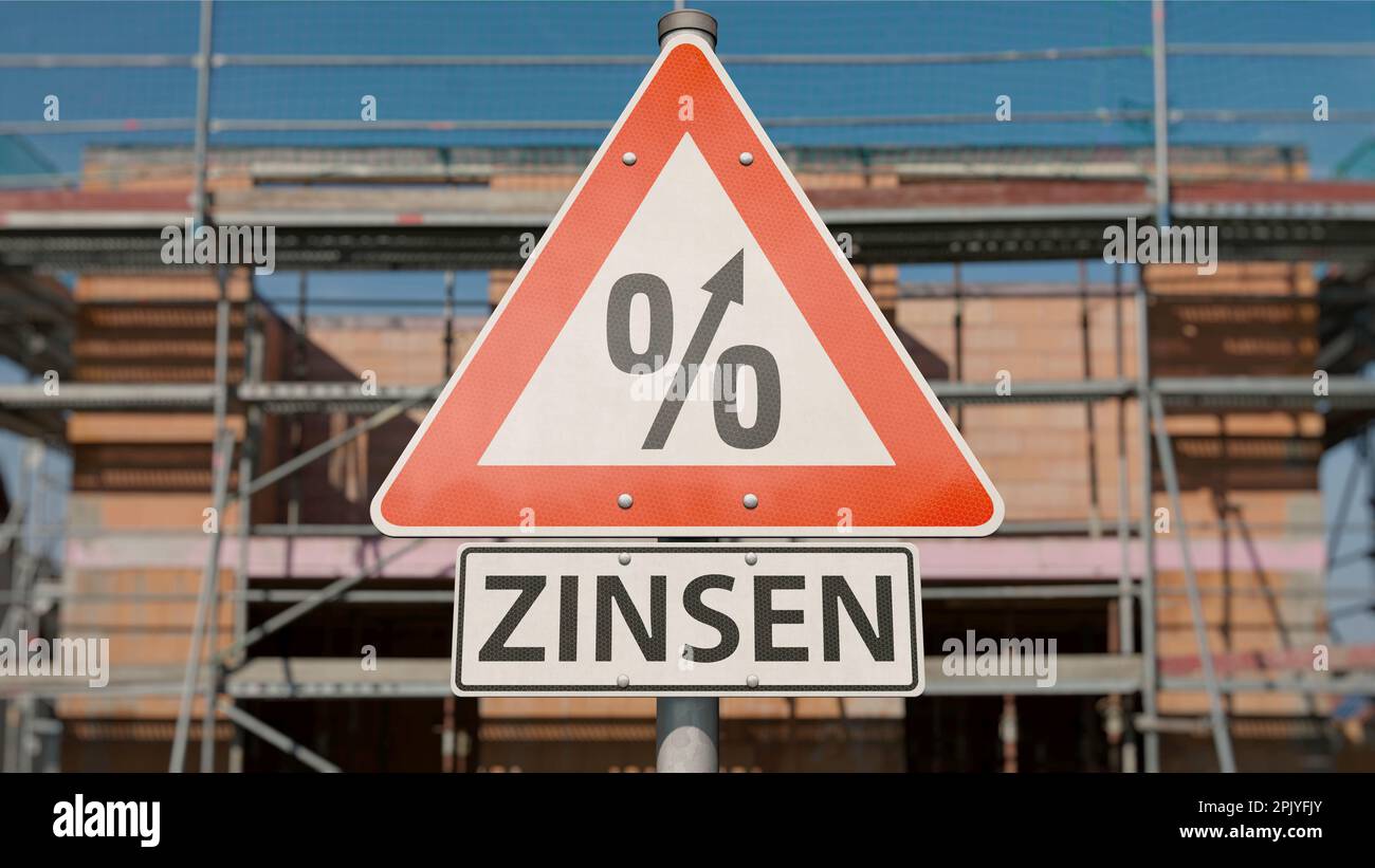 Hinweisschild mit dem deutschen Wort „Bauzinsen“ (Bauzinsen) Stockfoto