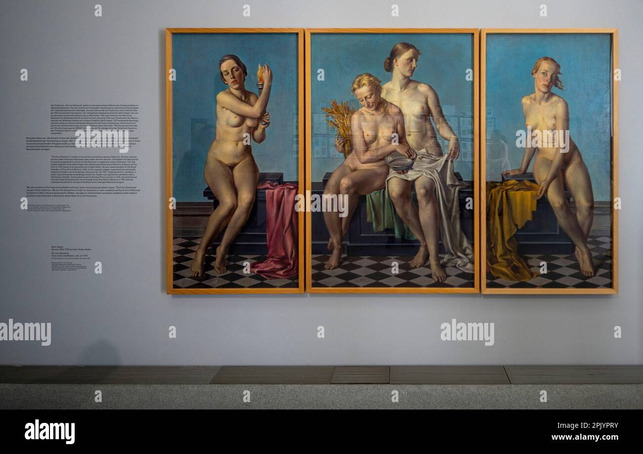 Die umstrittenen vier Elemente von Adolf Ziegler, Hitlers Lieblingsmaler, in der Pinakothek der Moderne, München Stockfoto